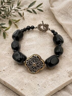 Barse Sterling Silver Brass Medallion Black Onyx Beaded Bracelet 6.5”Luxury 45g